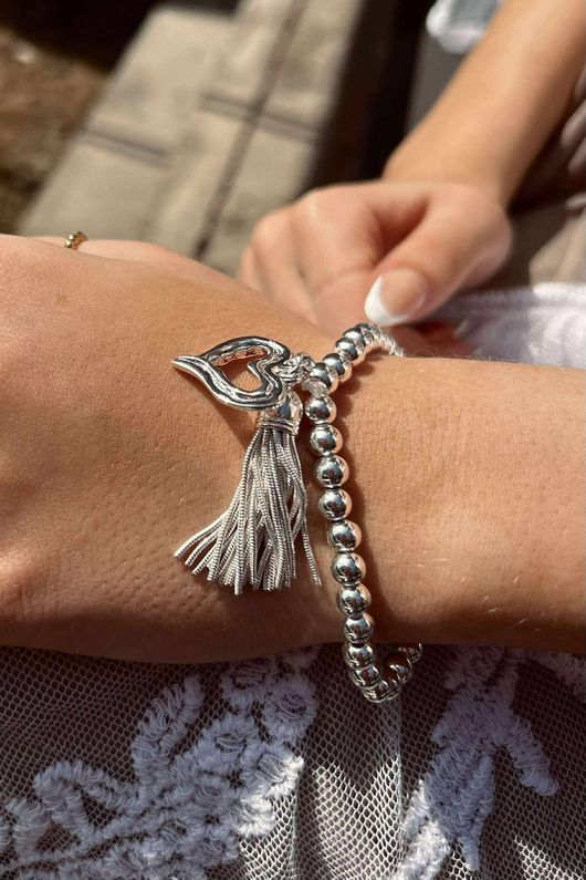 Laundry B Free Spirit Stretch Stacker Bracelet Open Heart & Tassel Silver /8 